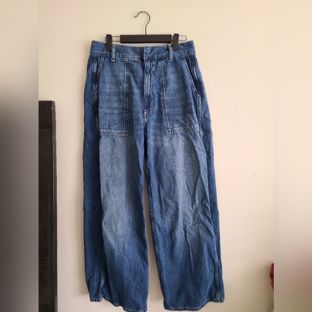 High-Rise Wide Leg Denim Jeans in Medium Blue 30